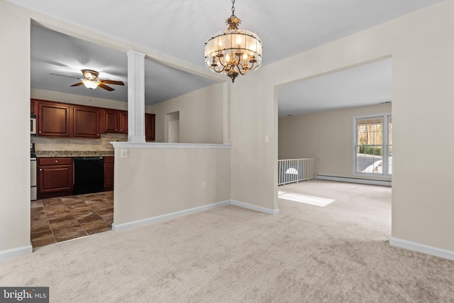 kitchen with a baseboard radiator, carpet, dishwasher, backsplash, and hanging light fixtures