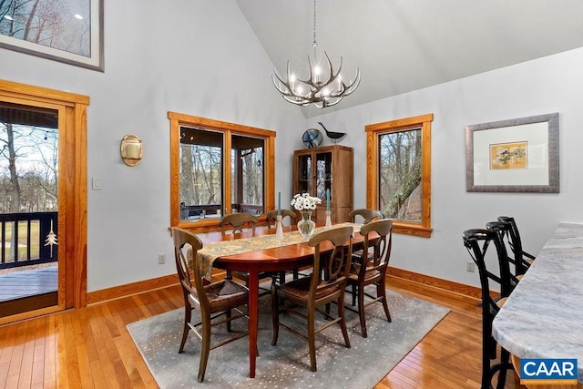 dining space with a healthy amount of sunlight, light hardwood / wood-style floors, and an inviting chandelier