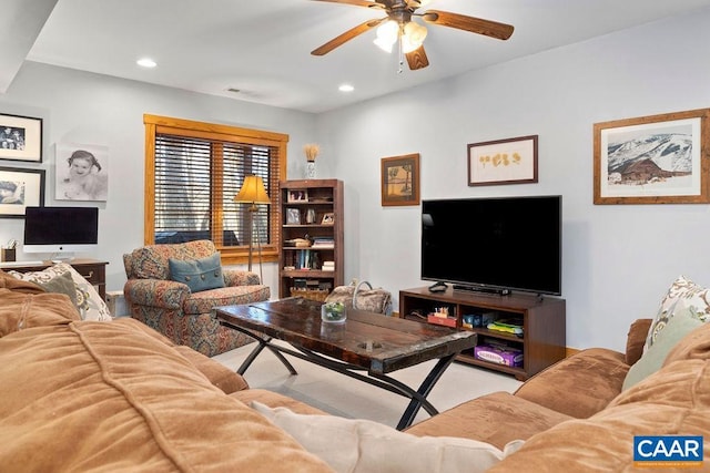 living room with ceiling fan