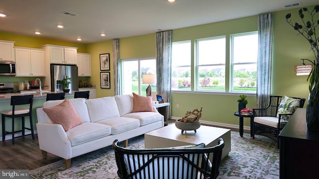 living room featuring dark hardwood / wood-style flooring, sink, and a wealth of natural light