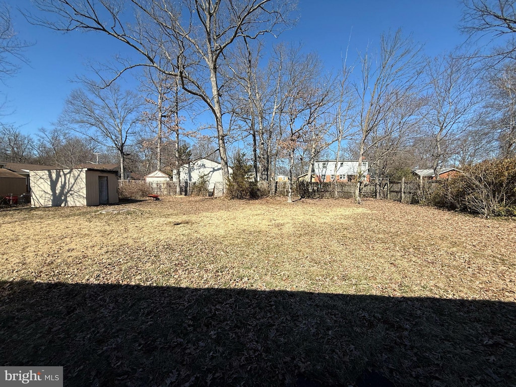 view of yard with an outdoor structure, fence, and a storage unit