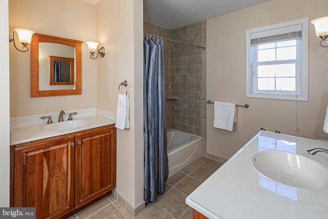 bathroom featuring tile patterned floors, vanity, and shower / bathtub combination with curtain