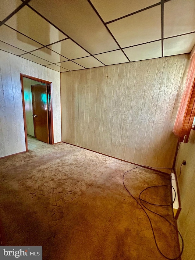 basement with wooden walls and carpet