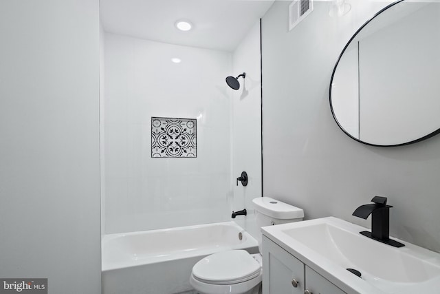 full bathroom with toilet, vanity, and bathing tub / shower combination