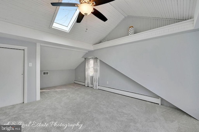 additional living space with ceiling fan, a baseboard heating unit, lofted ceiling with skylight, and carpet flooring