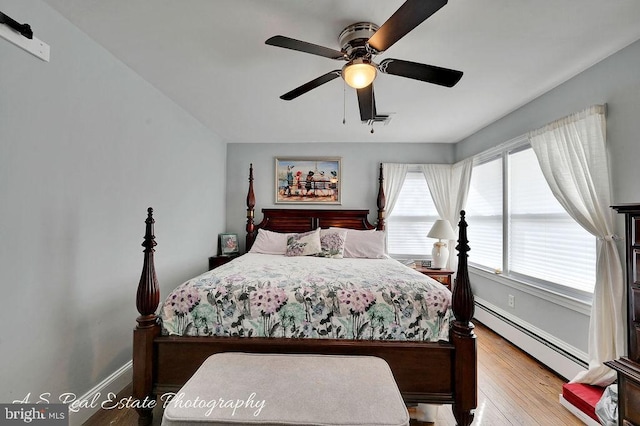 bedroom with ceiling fan, light hardwood / wood-style flooring, and a baseboard radiator