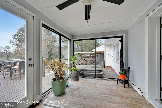 sunroom / solarium featuring ceiling fan and baseboard heating