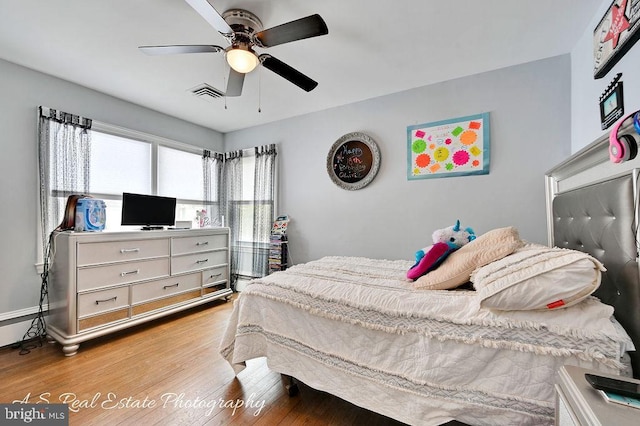 bedroom with ceiling fan and light hardwood / wood-style floors