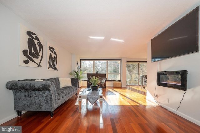 living room featuring hardwood / wood-style floors and a wall of windows