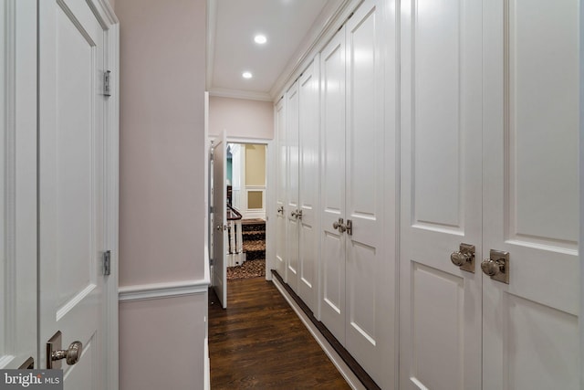 hall with recessed lighting, dark wood-style flooring, and crown molding