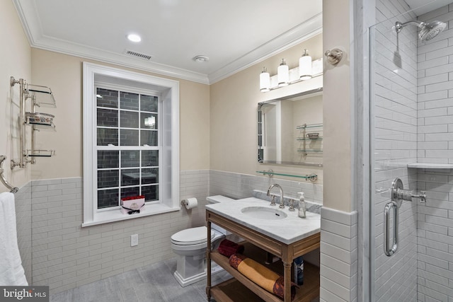 full bathroom with ornamental molding, a stall shower, visible vents, and tile walls