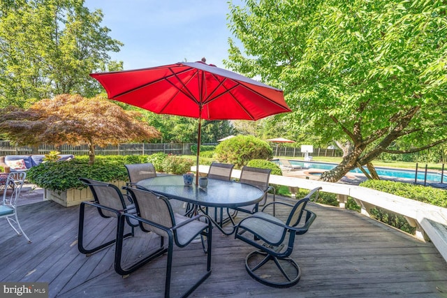 wooden deck featuring a fenced backyard, a fenced in pool, and outdoor dining space