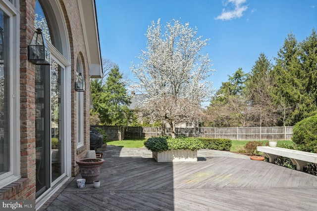 wooden terrace featuring a fenced backyard