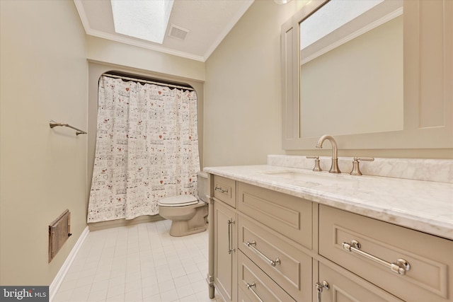 bathroom featuring toilet, vanity, and ornamental molding