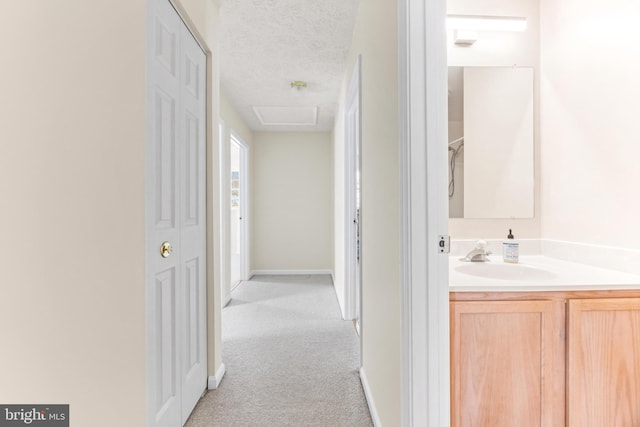 hall featuring sink, light colored carpet, and a textured ceiling