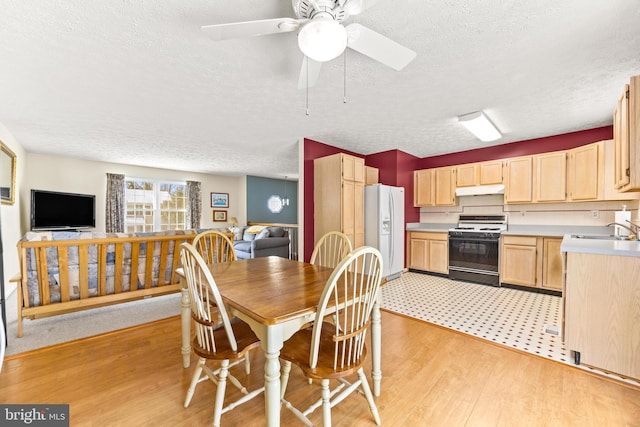 dining room featuring a textured ceiling, light hardwood / wood-style floors, ceiling fan, and sink