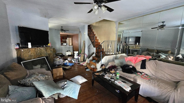 living room with hardwood / wood-style floors and ceiling fan