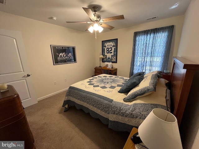 carpeted bedroom featuring ceiling fan