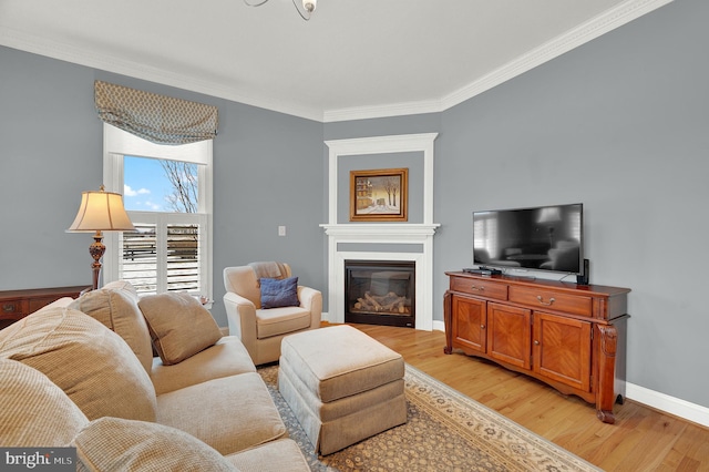 living room with light hardwood / wood-style floors and crown molding