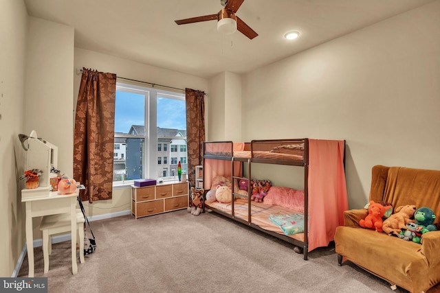 bedroom featuring carpet floors and ceiling fan