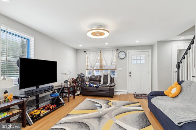 living room featuring light wood-type flooring and a wealth of natural light