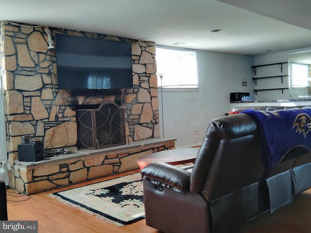 living room with a stone fireplace and wood-type flooring