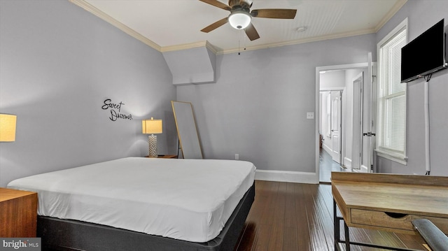 bedroom featuring ceiling fan, crown molding, and dark wood-type flooring