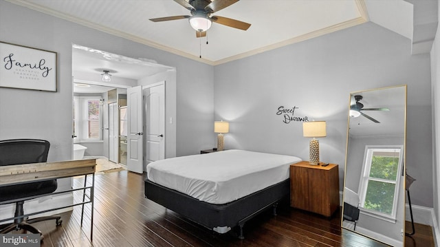 bedroom featuring multiple windows, ceiling fan, and dark hardwood / wood-style floors