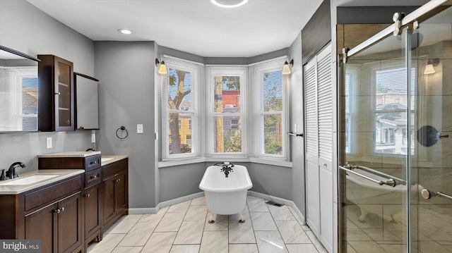 bathroom with plus walk in shower and vanity