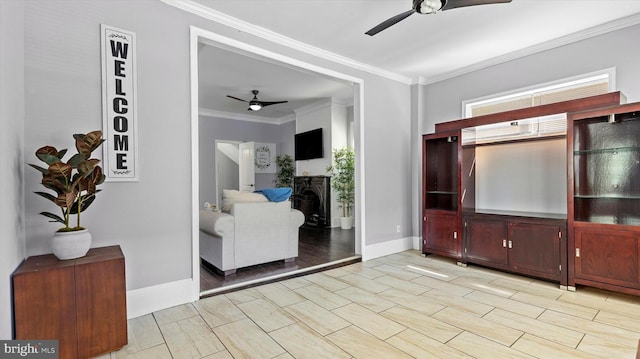 living room with crown molding