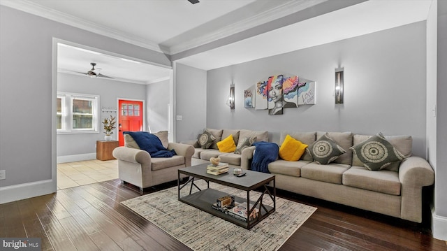 living room with ceiling fan, dark hardwood / wood-style floors, and ornamental molding