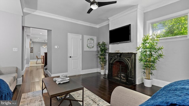 living room with ceiling fan, ornamental molding, and dark wood-type flooring