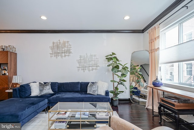 living room with plenty of natural light, crown molding, and dark wood-type flooring