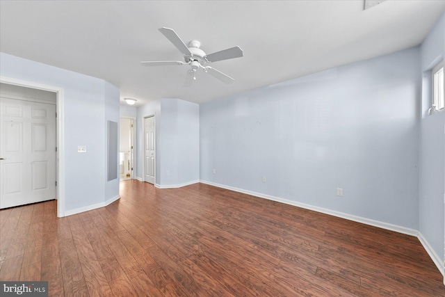 unfurnished room featuring hardwood / wood-style floors and ceiling fan