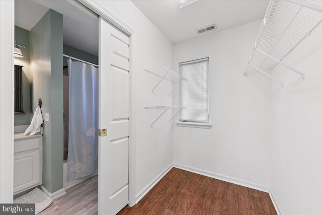 spacious closet featuring dark hardwood / wood-style flooring