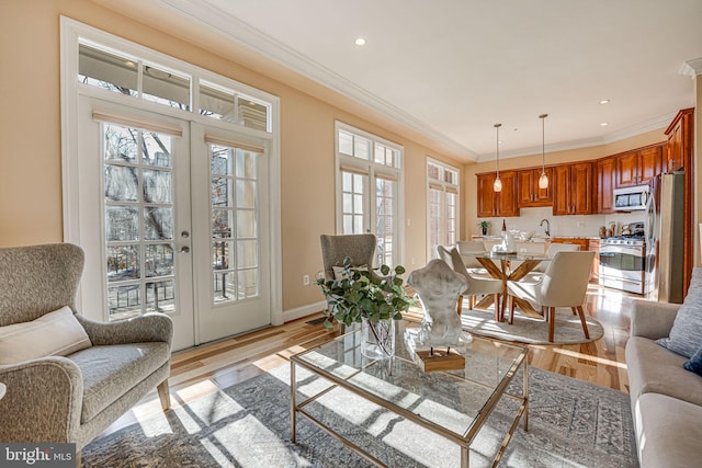 living room with french doors, light hardwood / wood-style floors, and plenty of natural light