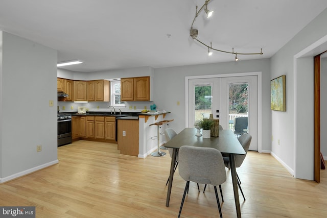 dining space with a wealth of natural light, french doors, sink, and light wood-type flooring