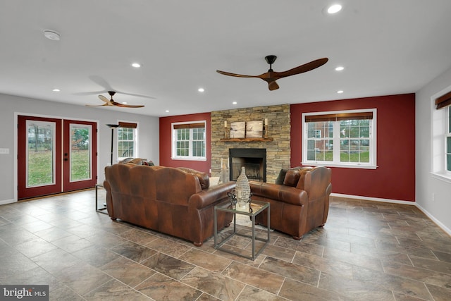 living room featuring a fireplace