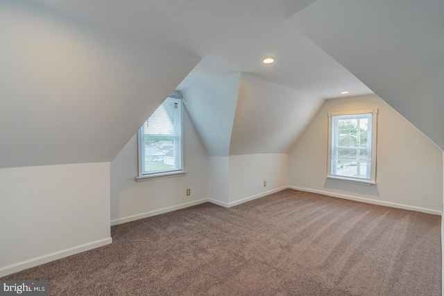 additional living space featuring lofted ceiling, a healthy amount of sunlight, and carpet floors