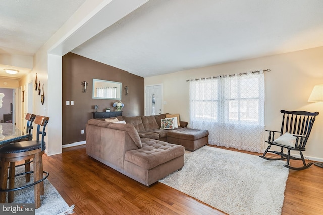 living room with lofted ceiling and dark hardwood / wood-style flooring