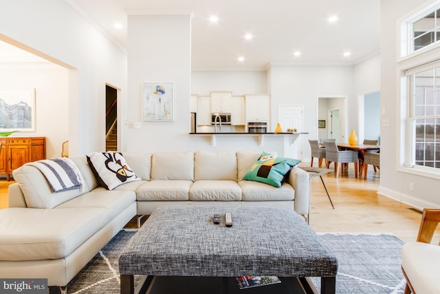 living room featuring a towering ceiling and light hardwood / wood-style flooring