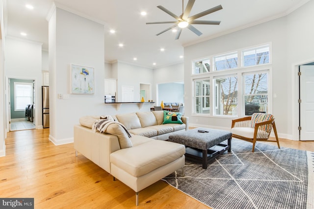 living room featuring a healthy amount of sunlight, light hardwood / wood-style floors, and ornamental molding