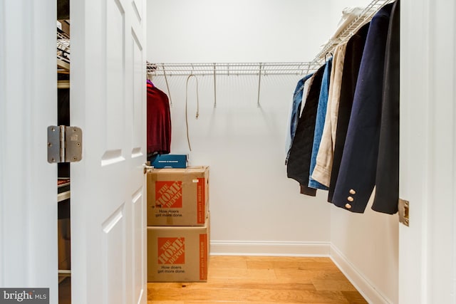 walk in closet with light hardwood / wood-style flooring