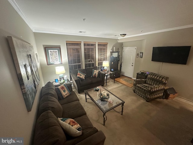 carpeted living room featuring crown molding