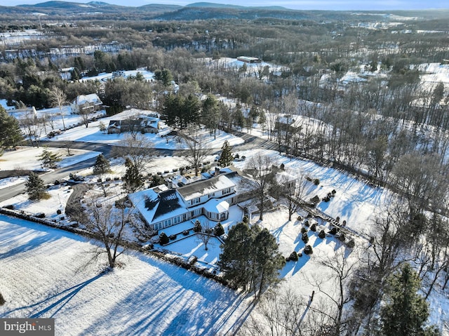 snowy aerial view with a mountain view