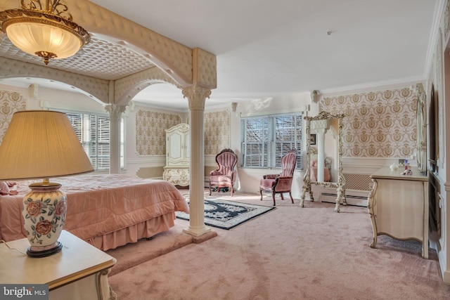 carpeted bedroom with decorative columns, a baseboard radiator, and crown molding