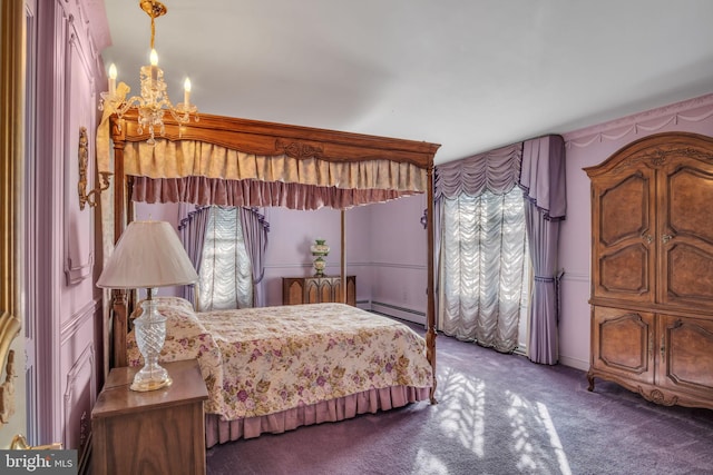 carpeted bedroom featuring a notable chandelier and a baseboard radiator