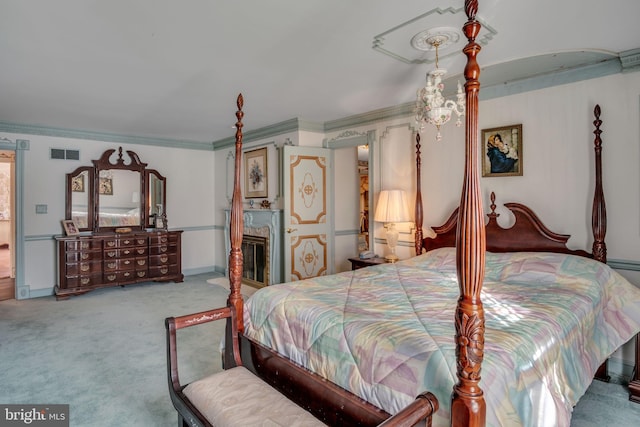 bedroom featuring light colored carpet and ornamental molding