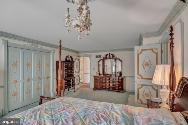 carpeted bedroom with a chandelier, a closet, and crown molding