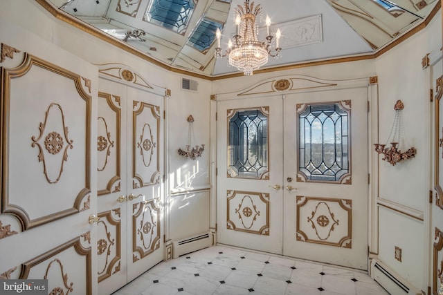 entryway featuring an inviting chandelier, crown molding, baseboard heating, and french doors